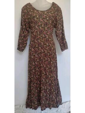 90s Pellini Floral Rayon Maxi Dress S Lace Up Back Prairie Cottagecore